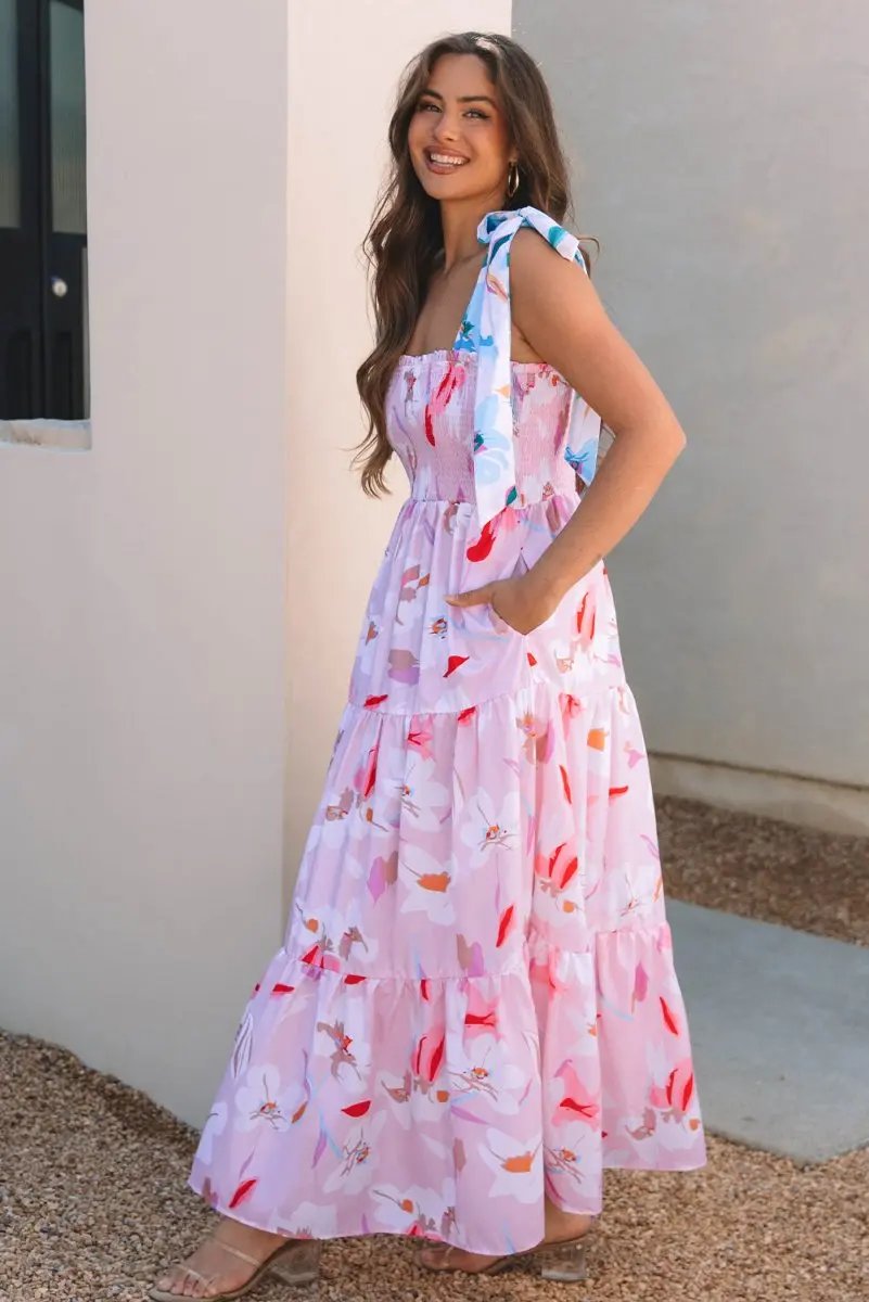 Pink Floral Print Knotted Shoulder Smocked Maxi Dress - Love Salve